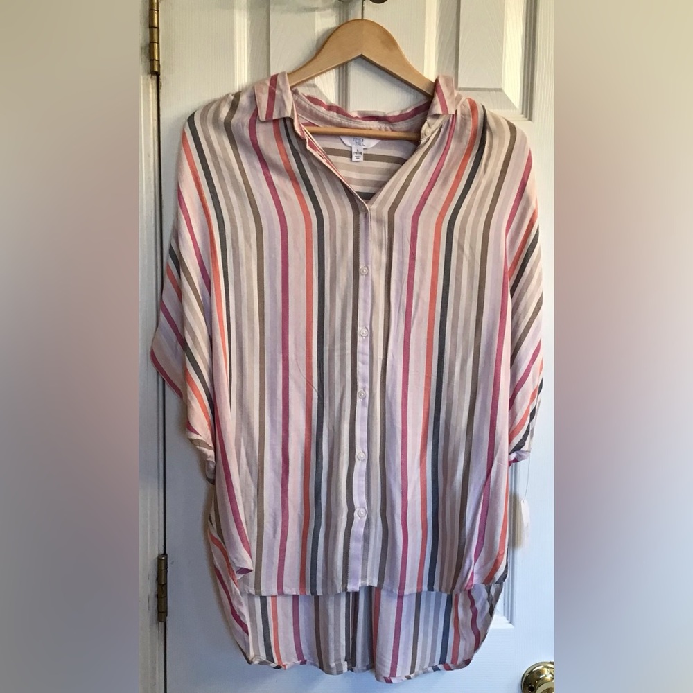 Time & Tru Multi Colored Stripe Rayon Blend Button Down Tunic size Large